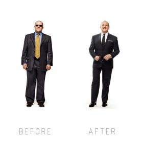 A man in suit and tie before and after wearing sunglasses.